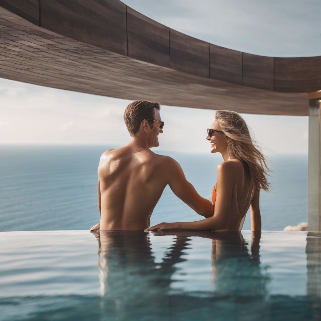 Couple Enjoying a Beach View from an Infinity Pool